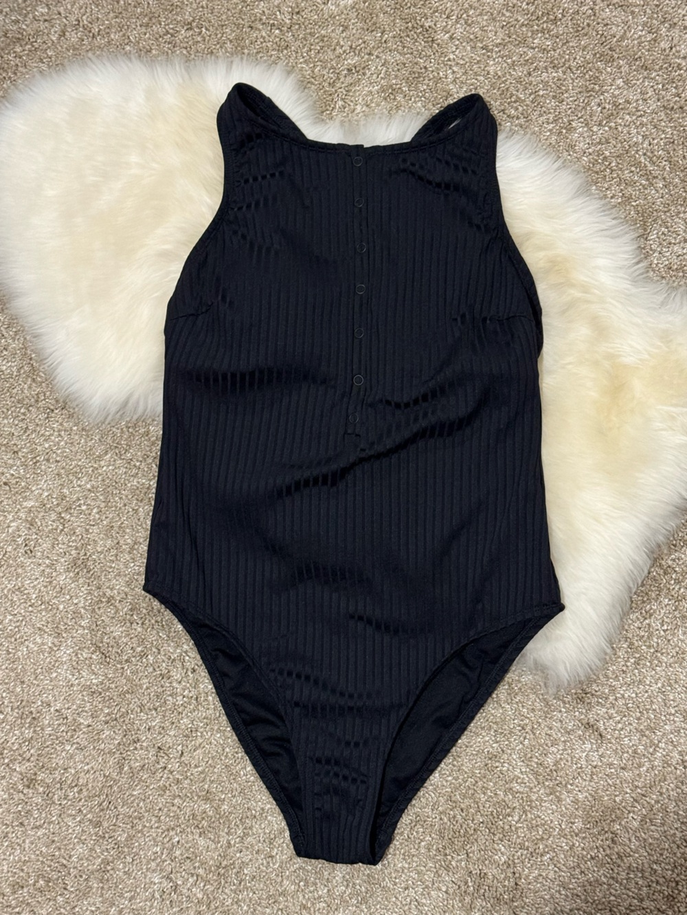 Shade & Shore Black Ribbed Snap-Front Bodysuit Size L